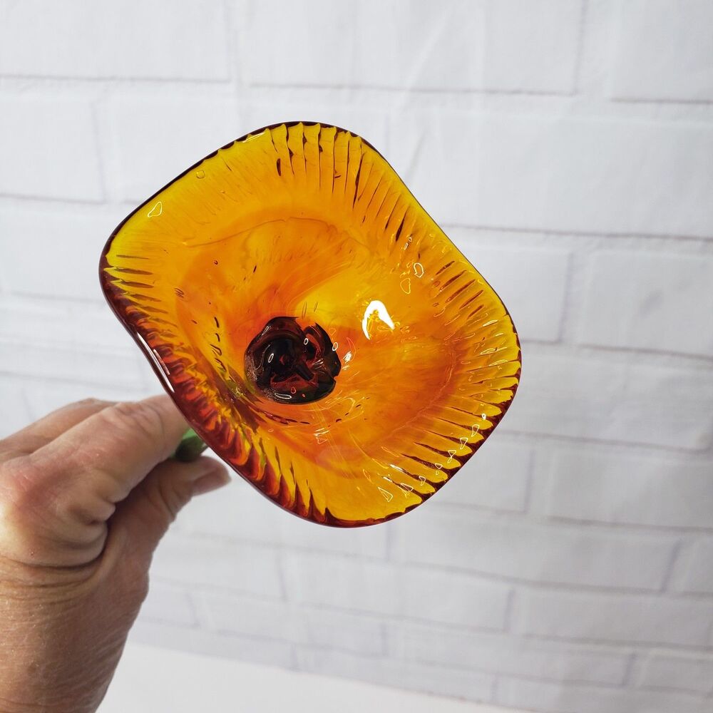 Decorative Orange Art Glass Long Stem Flower 19" Sculpture Lampwork